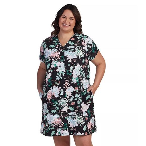 Miss Elaine Women Floral Short-Sleeve Retro Housecoat Snap Robe Sz XL Black NWT - Picture 1 of 9